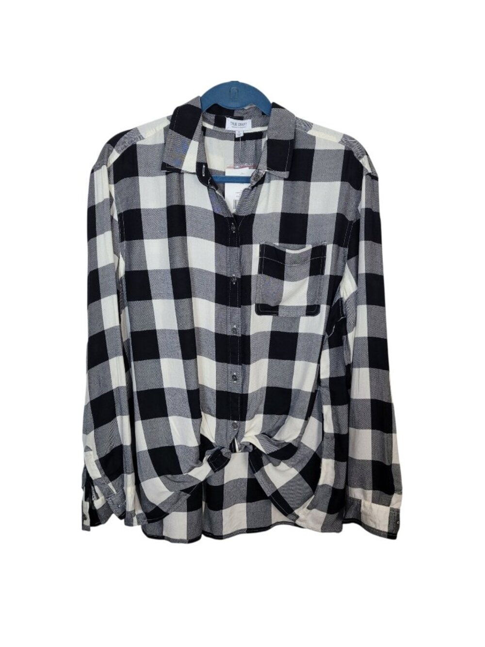 True Craft Long Sleeve Black & White Buffalo Plaid Button Up Shirt Knotted Front